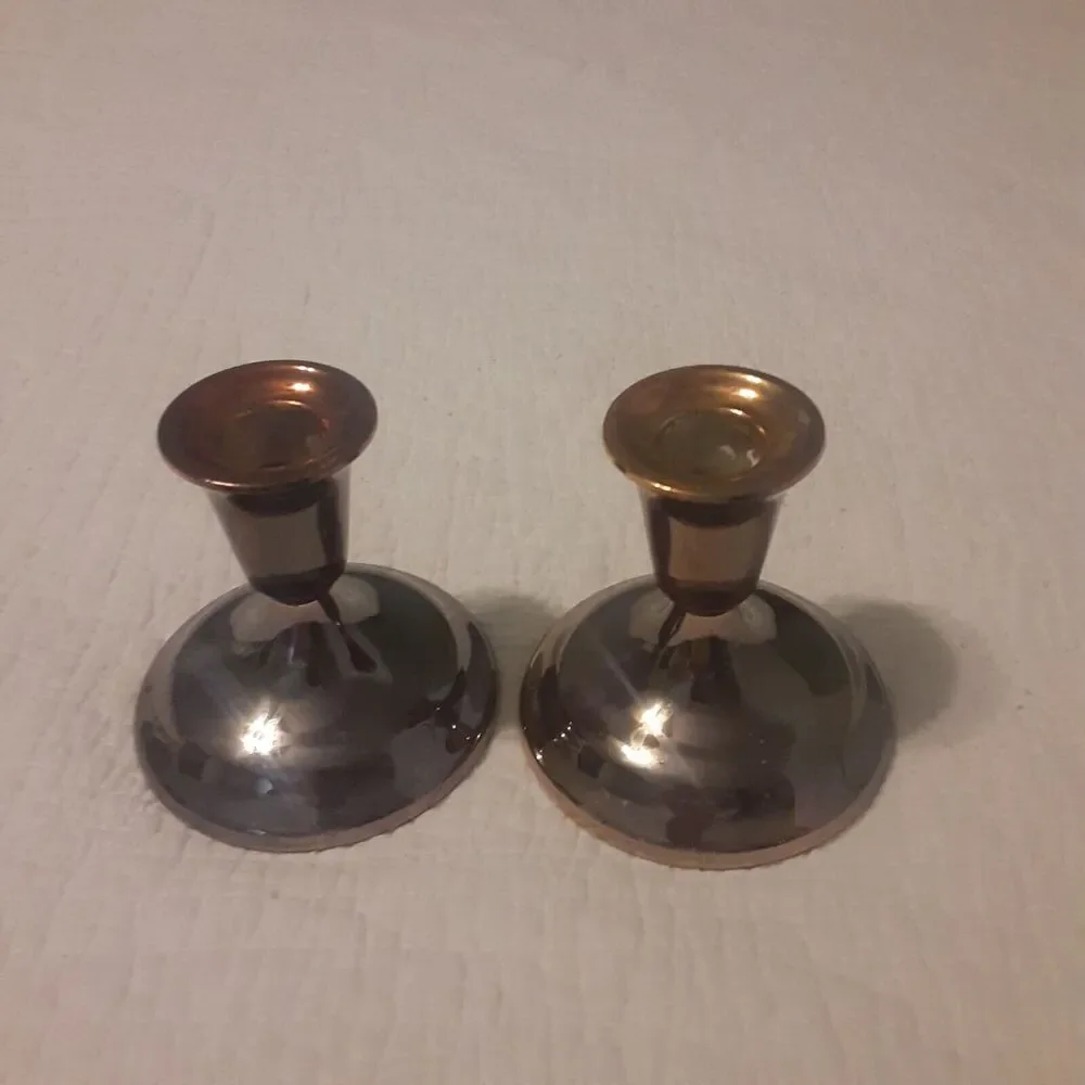 Vintage Tarnish Resistant Copper Plate /Glass Candlesticks ×2